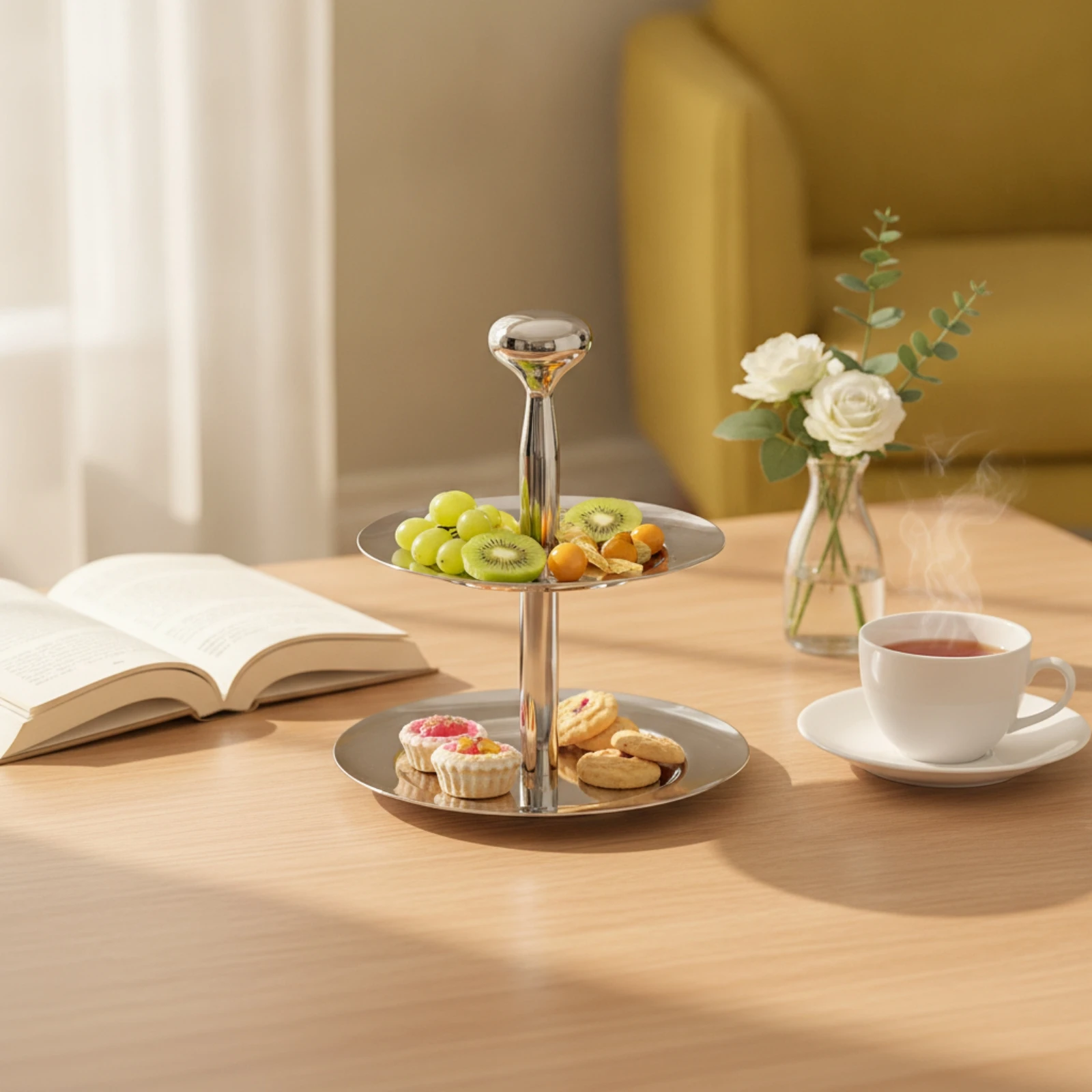 Fruit Tray with Stem Easy to Clean Two-Tier Serving Tray Two-Tier Fruit Bowl Compact Tiered Dessert Stand Stable for Hosts