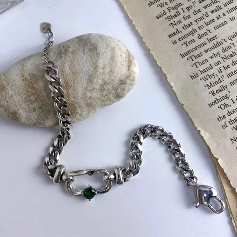 Foxanry Vintage Punk Silver Color Chain Bracelets for Women New Fashion Classic Green Zircons Handmade Party Jewelry Gifts