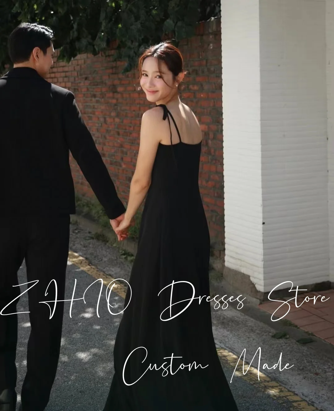 ZHIO فستان حفلات الزفاف الأسود البسيط لون مربع القوس السباغيتي حزام الساتان ألف خط كوريا صورة تبادل لاطلاق النار فستان زفاف Cutsomize