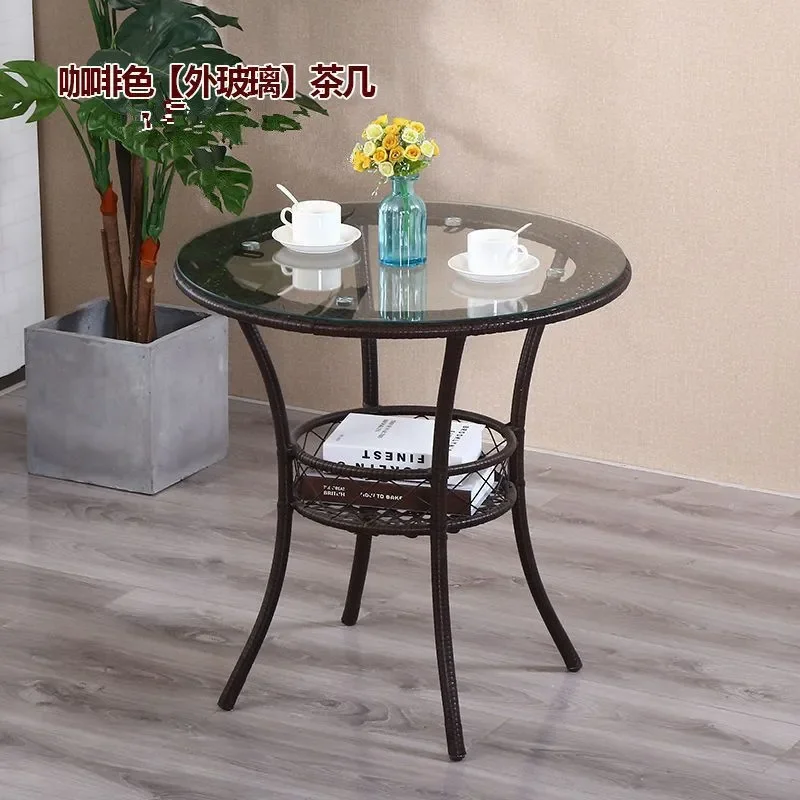 Mini Rattan Coffee Table with Tempered Glass Top Small Round Side Table for Balcony Casual Outdoor Indoor Simple Storage Set