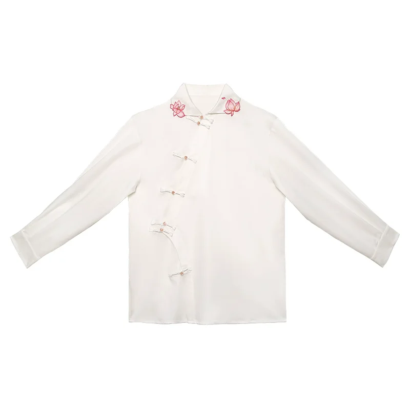 Primavera Autunno Design originale Donna Color Block Bottoni stile cinese Colletto ricamato loto Camicie/camicette bianche