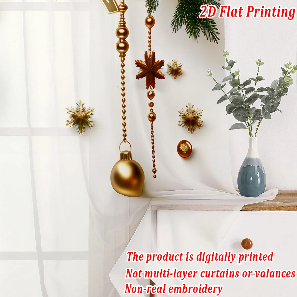 Christmas Flat Printing Sheer Curtain with Luxury Christmas baubles, Poinsettia，for Living Room Bedroom Door Windows Decor