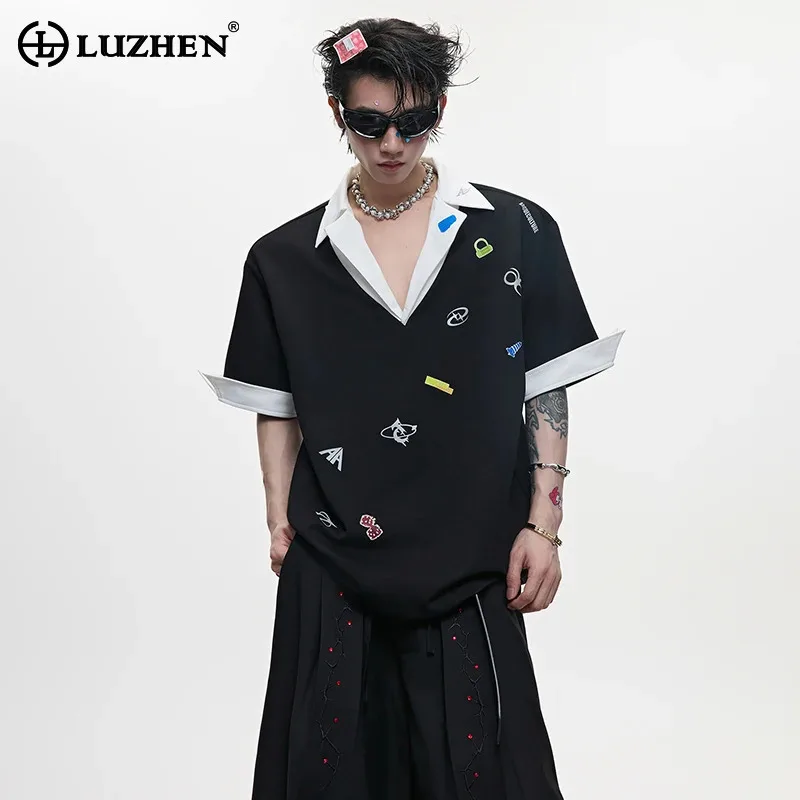 

LUZHEN 2025 Summer New Personalized Fake Two Piece Design Short Sleeve Shirts Men's Fashion Buckle Patchwork Casual Tops JY2295