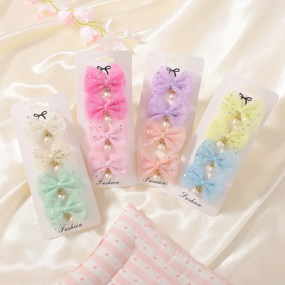 4 unidades de pinzas para el pelo con lazo de tul brillante, adornadas con perlas y colgantes, ideales para fiestas, bodas y para complementar el atuendo de las niñas.
