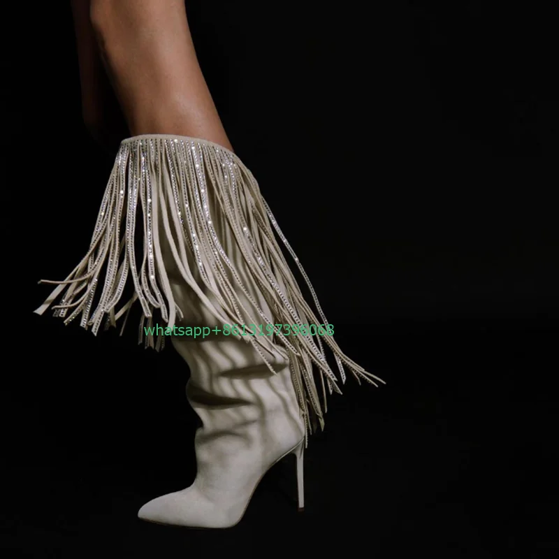 

Lady pointed toe bling knee tassel design boots sequins party causal dress boots bling suede calf cowboy footwear size 46