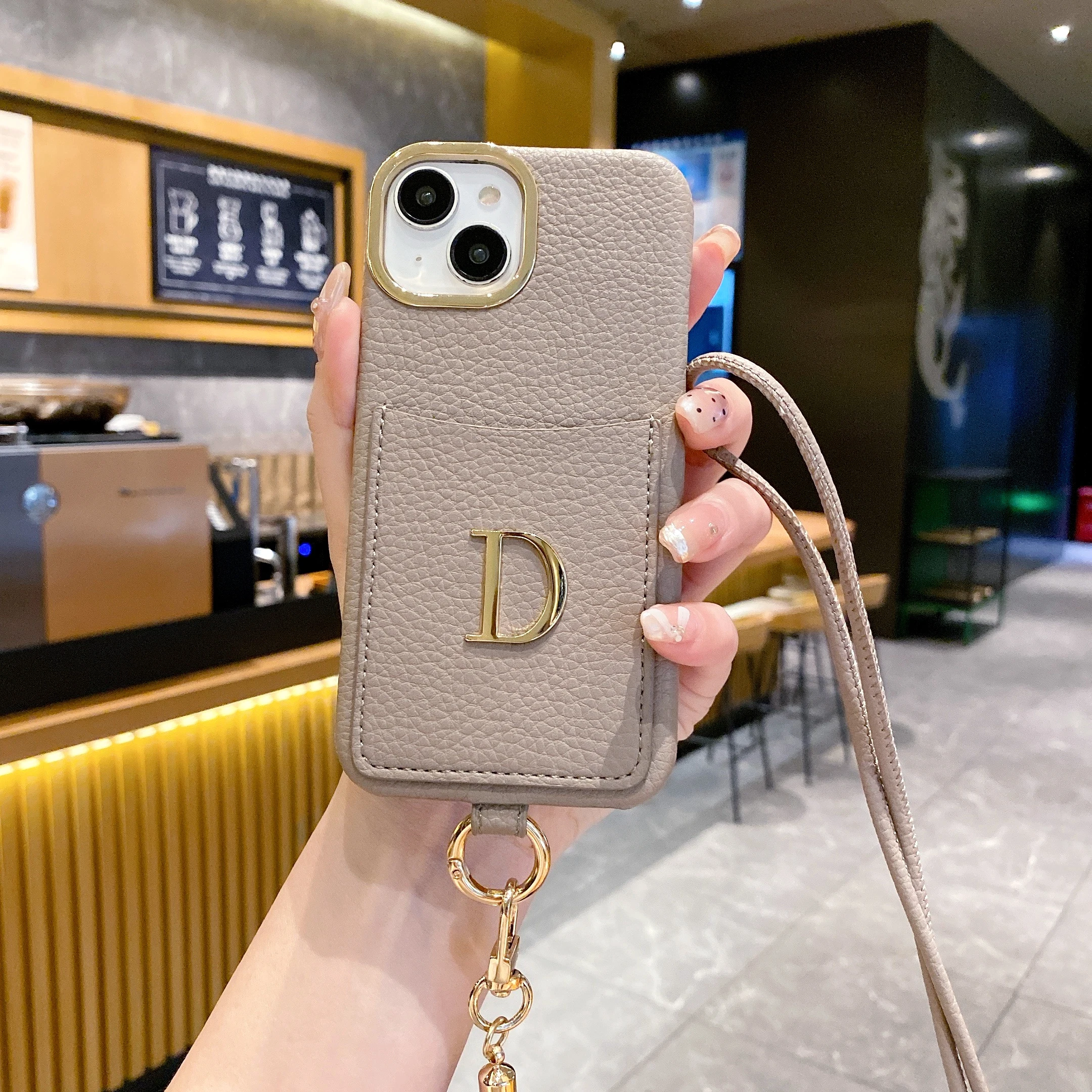 

Leather Phone Case with Crossbody Lanyard Initial Card Holder Personalized Name iPhone 15 14 13 12 11ProMax 14 15Plus