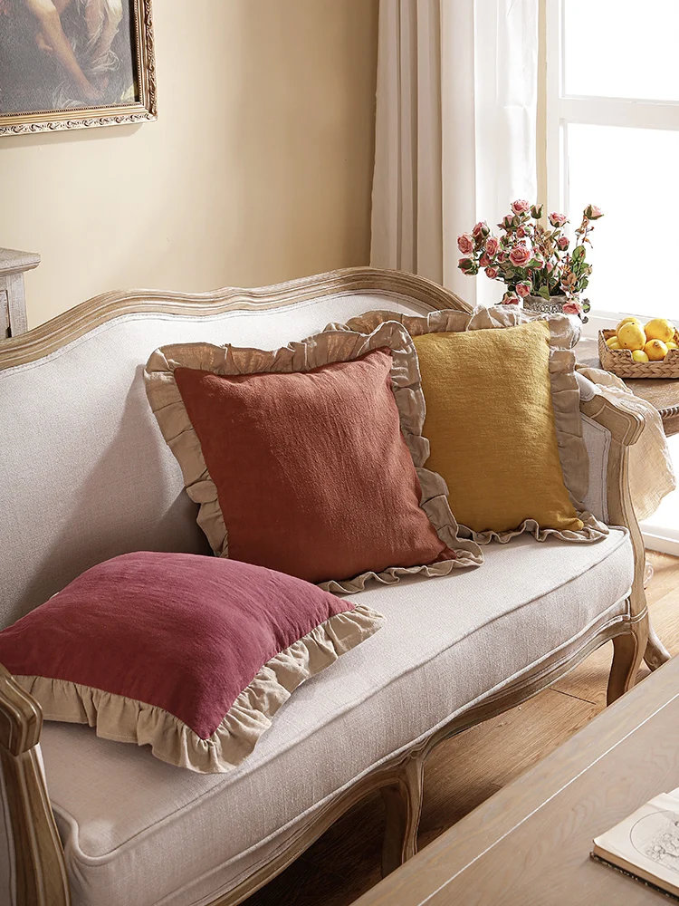

French Pillow Sofa Solid Color American Light Luxury Bedside Cushion Sub-Cotton Linen Living Room Retro Pillow without Core