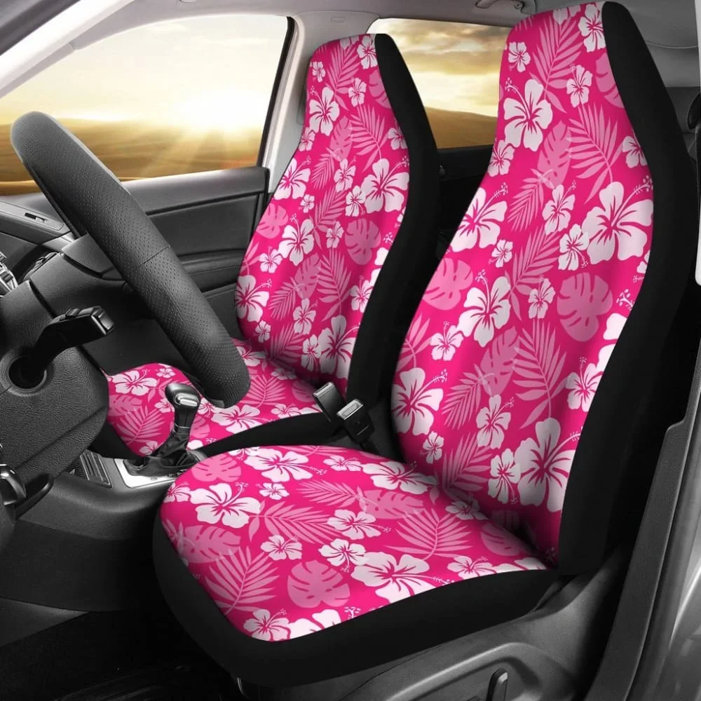 Hot Pink Magenta Hibiscus Flower Car Seat Covers Hawaiian Flower Polynesian Pattern,2 Universal Front Seat Protective Cover