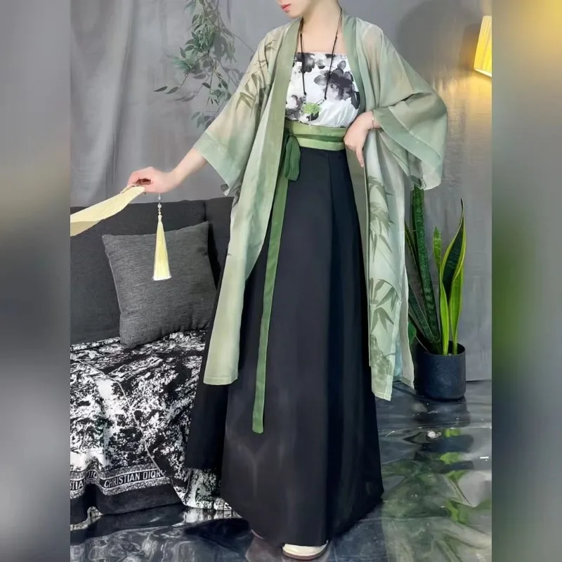 Hanfu Women Chinese Traditional Cosplay Costume Ancient Song Dynasty Hanfu Dress Women Vintage Print 3pcs Green Set Plus Size XL