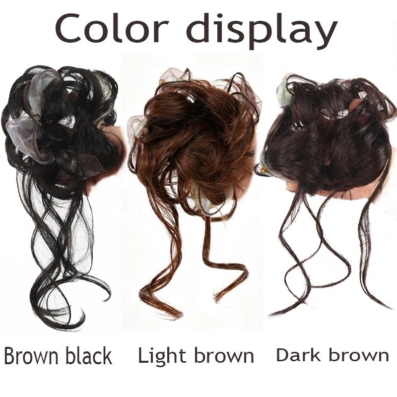 Women Synthetic Fiber Messy Bun Hair Extension Elastic Scrunchie Tulle Flower Decor Wispy Curly Flyaway Hair Pieces For Daily Ca