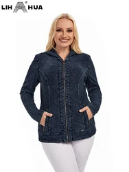 LIH HUA Women's Plus Size Denim Jacket Fall Casual High Stretch Hoodie Cotton Belt Pocket Knit Jacket