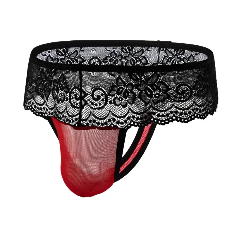 

Men's Sexy T Back Thong Underwear Lace Ruffled Ultra-Thin Mesh Transparent Panties Gays Erotic Low Waist U Convex Pouch G-string