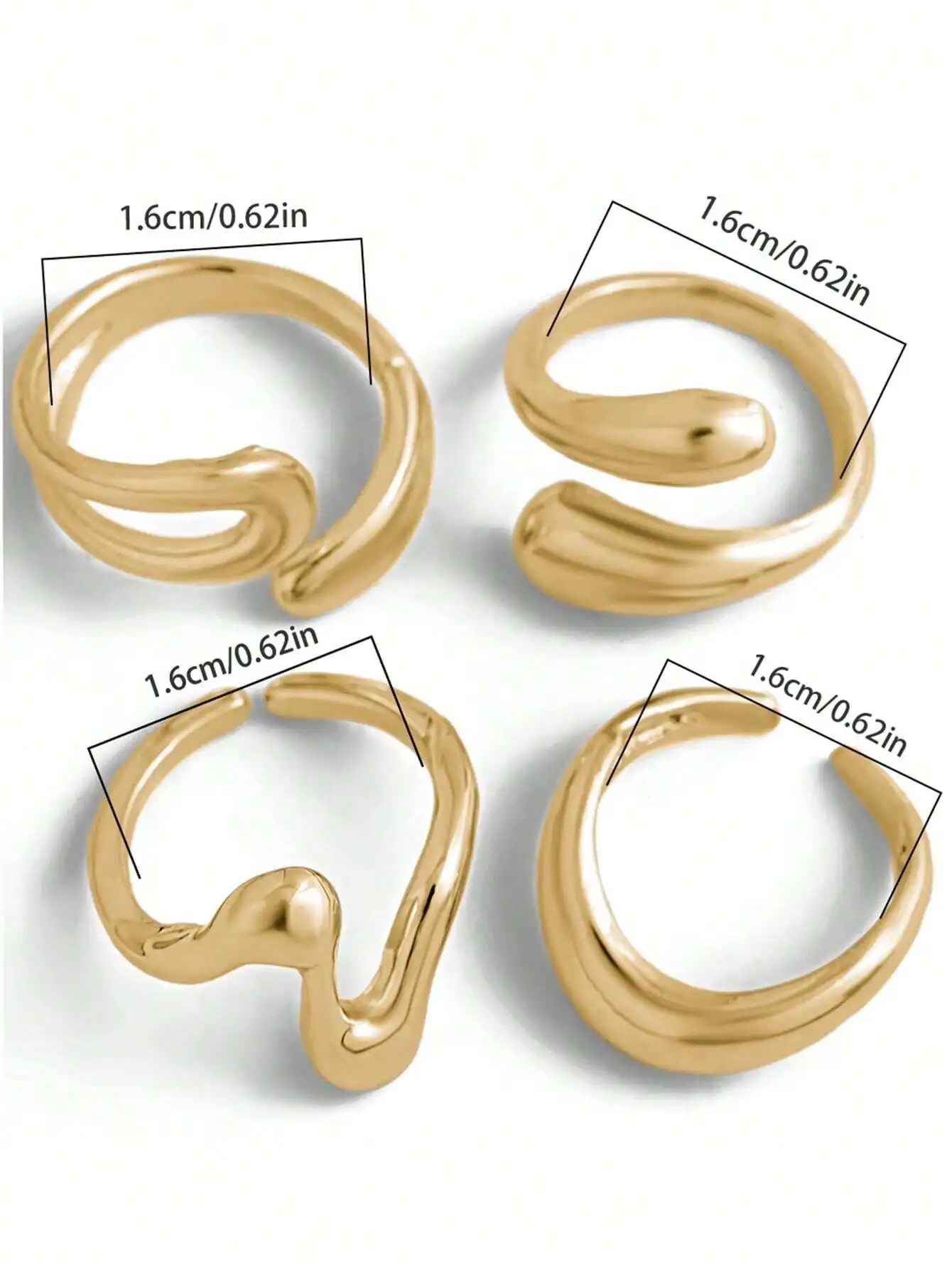 

4pcs Abstract Liquid Shape Adjustable Gold Tone Rings Set For Women