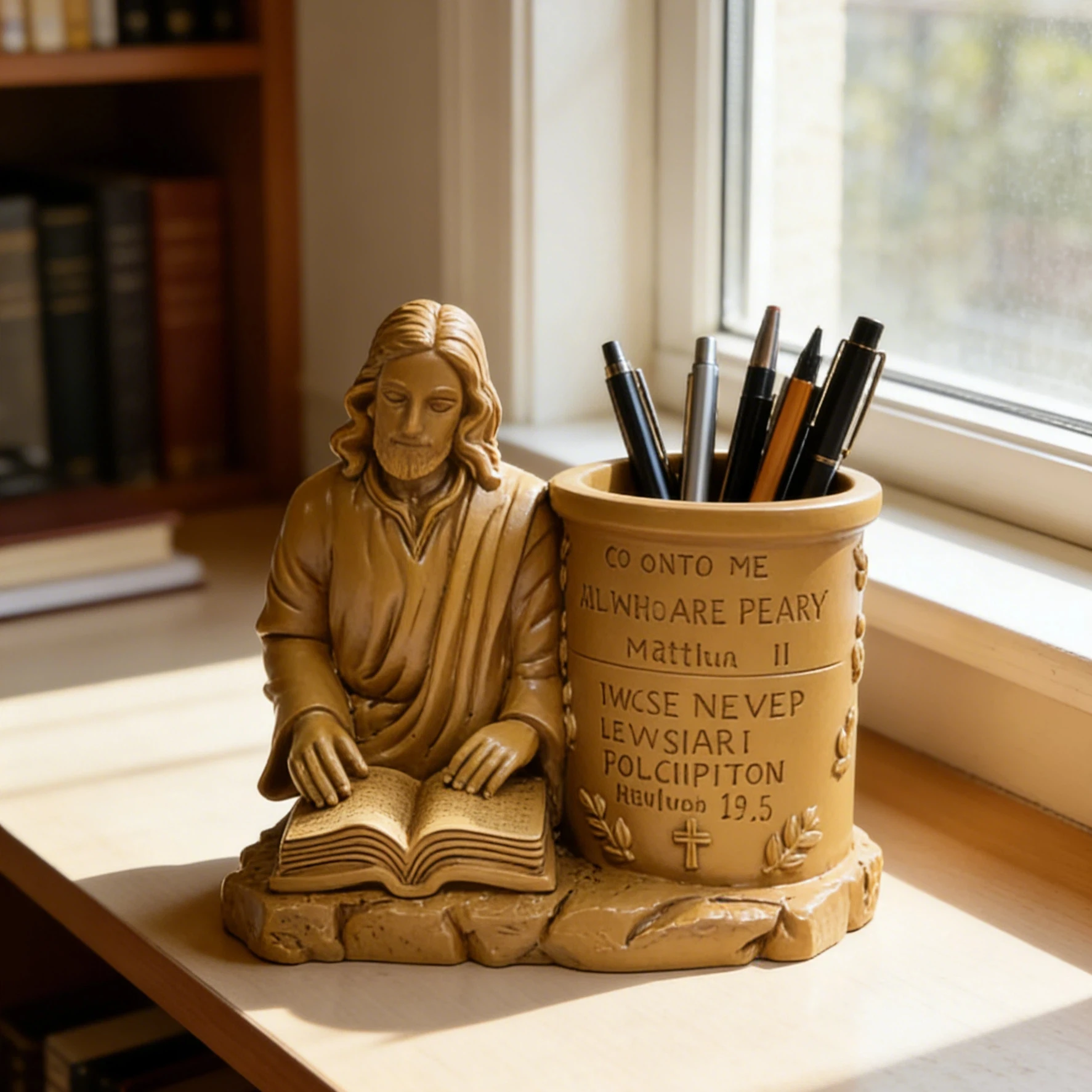 American-Style Retro Jesus Statue Integrated Pen Holder Desktop Ornament, Home Reading Corner Side Table Decoration, Psychological Counseling Studio Soft Decor Accessory, Religious Symbol Three-Dimensional Carving Craf