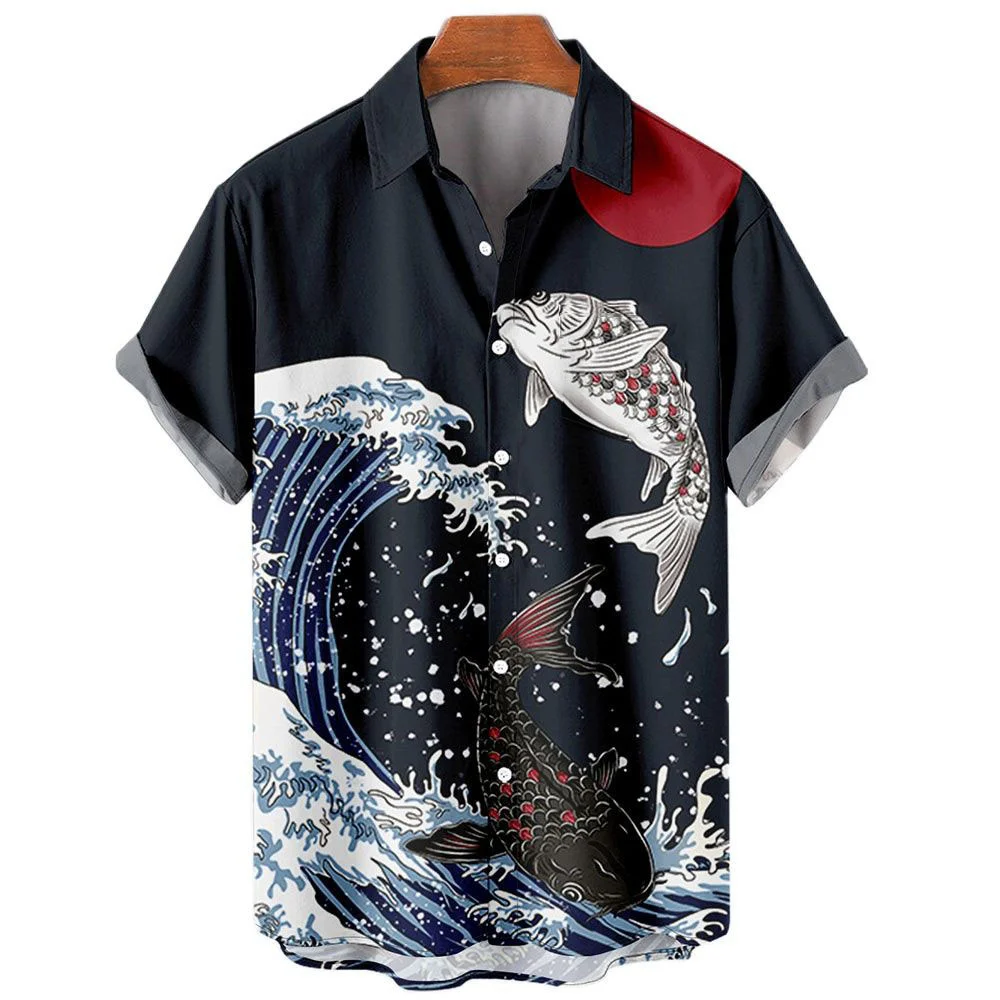 New Vintage Japanese Sea Wave Men\'s Shirts Lapel Streetwear Shirt For Men Street Short Sleeve Top Summer Men Hawaiian Shirt