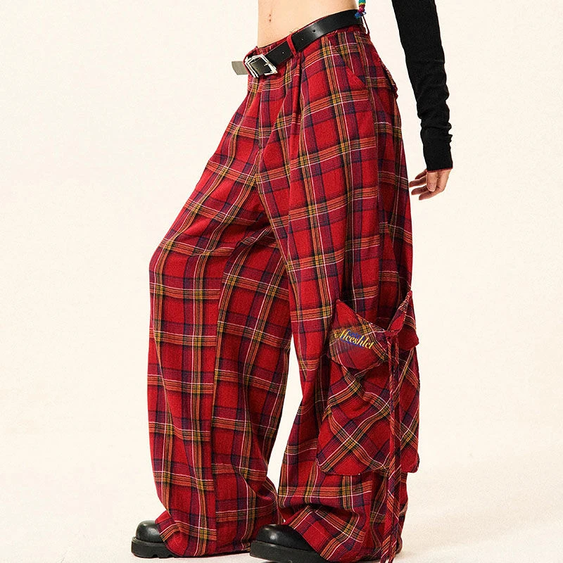 Plaid Baggy Long Sweatpants Women Y2K Harajuku Streetwear Pocket Straight Wide Leg Pants Vintage Oversize Hip Hop Cargo Trouser