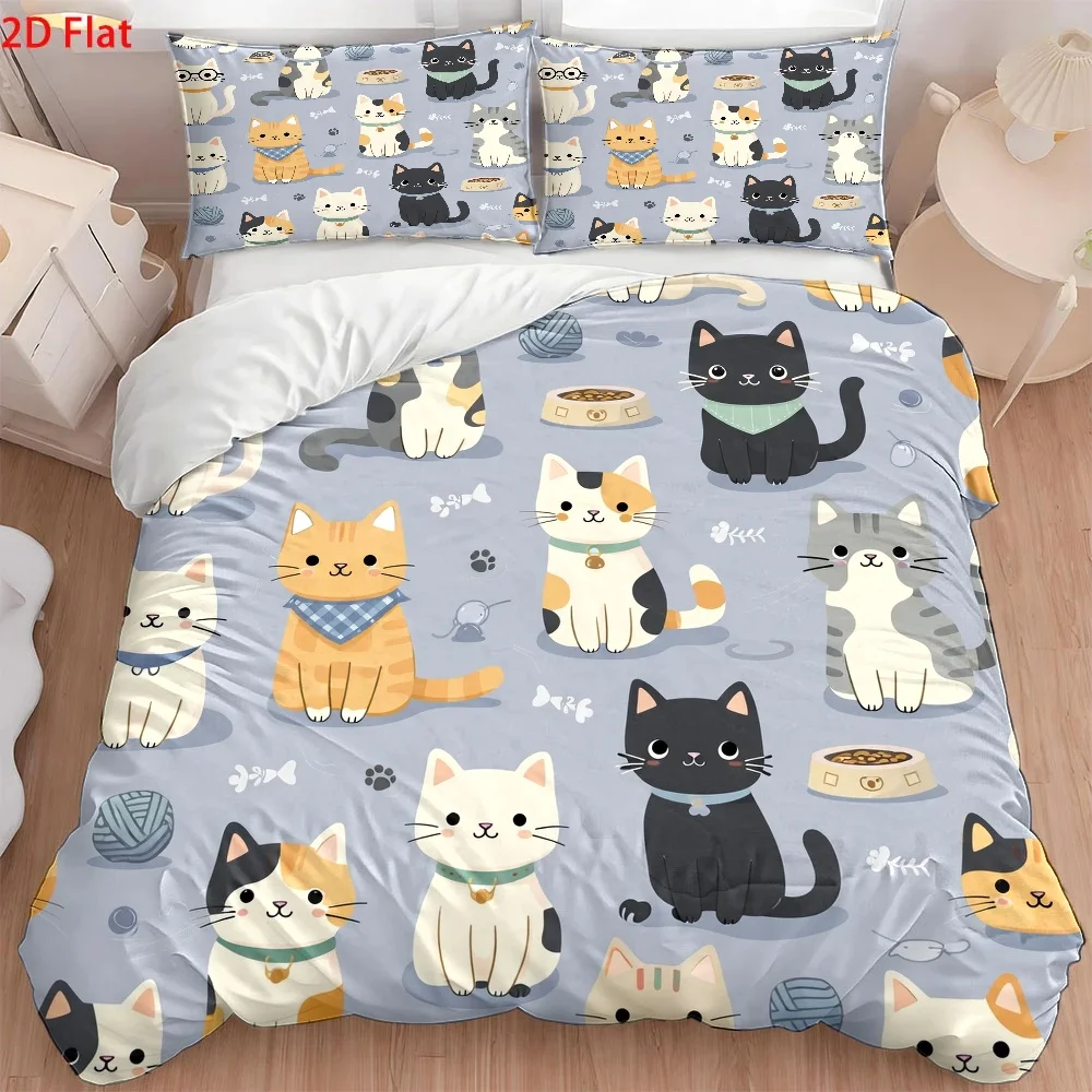 3Pc Cute Cat Print Duvet Cover Set, Three-Piece Bedding Set (1*Duvet Cover + 2*Pillowcases), Suitable for All Seasons, Machine Washable, Invisible Zipper Double Bed Cover, Suitable for Home, Dorm, Master Bedroom, Guest Room, Large Duvet Cover Bedding Set, Cartoon Cute Pet Bedding Set, Skin-Friendly Duvet Cover Set, Easy to Clean and Durable Bed Cover Set, Fresh and Cute Cat Bedding Set, Comfortable and Soft Bedding Set, Nordic Style Cat Print