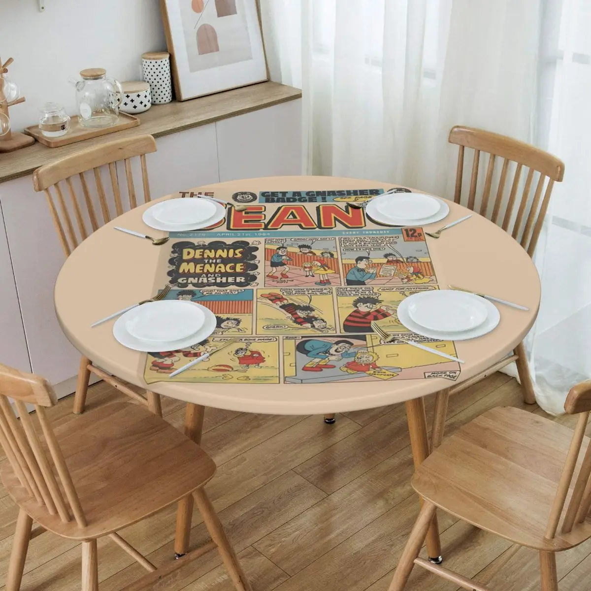 1984 Beano Classic Dennis The Menace And Gnasher Waterproof Round Tablecloth Table Cloth for Kitchen Events Dining Table Cover