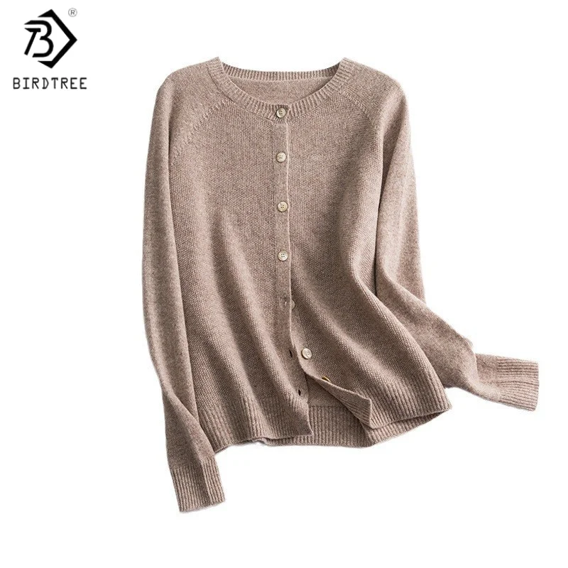 

Birdtree, вязаный кардиган из 100% чистой шерсти, женские мягкие топы, с круглым вырезом, однобортное, осенне-зимнее пальто 2025, белое, черное T5D107JF