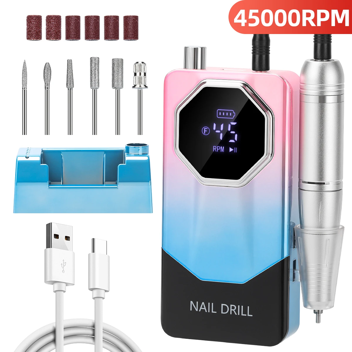 45000RPM Nail Drill Machine Electric Portable Nail File Rechargeable Nail Sander For Gel Nails Polishing For Home Manicure Salon