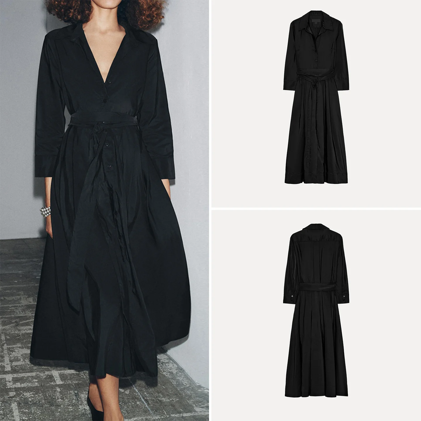 

2025 Autumn New Sle Women's Faionable Versatile irt Dr Midi Skirt Long Sve Collar Single Button Closure Pure...