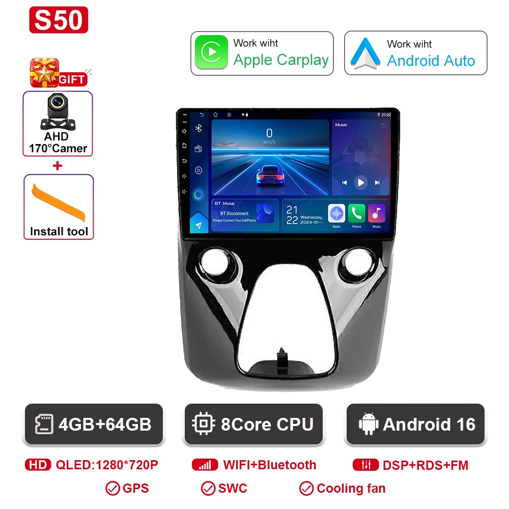 Autoradio Android navigatie GPS Android Auto stereo Carplay scherm No2 DIN DOM voor Toyota Aygo Peugeot 108 Citroen C1 2016-2020