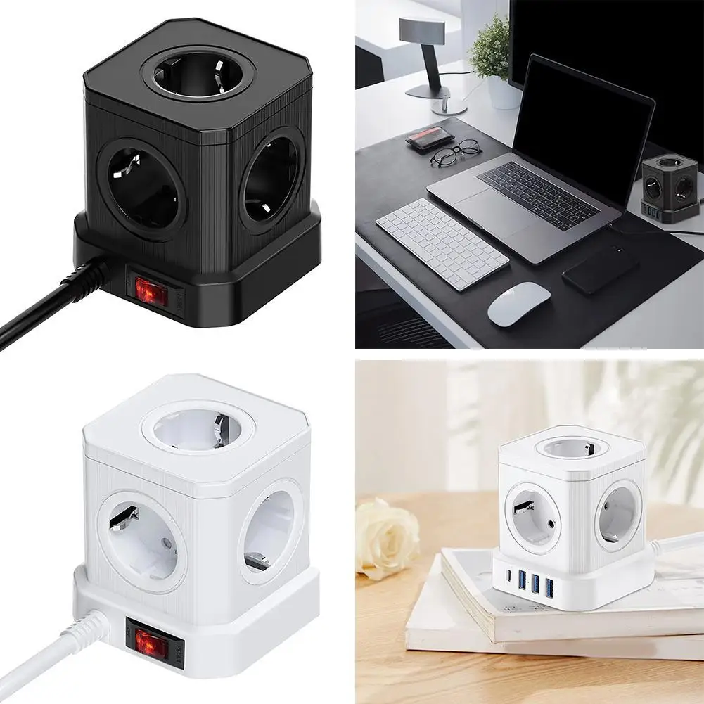 Cube Plug Power Strip 3 USB 1 USB C Port Plug Adapter Socket Outlet Extender EU Plug for Office Supplies Dorm Room Essentials