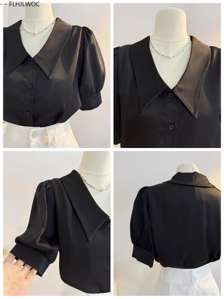 Camisas pretas elegantes design francês mulheres verão puff manga senhora do escritório botão sólido básico moda commuter topos blusas