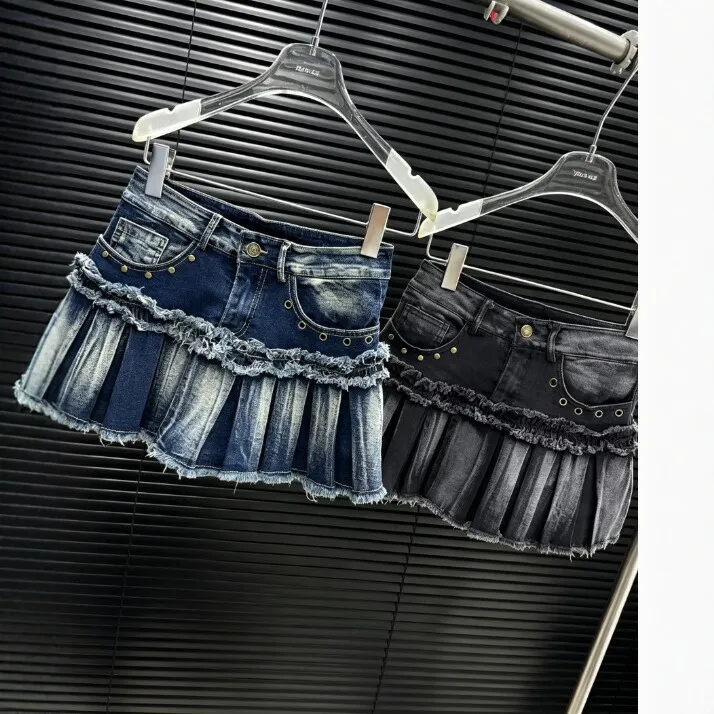 Rivets Studded Skirt Sweet and Fresh with Frayed Hem Slight Stretch Distressed Ruffles Shoujo Style Spring Pockets Women Skirt