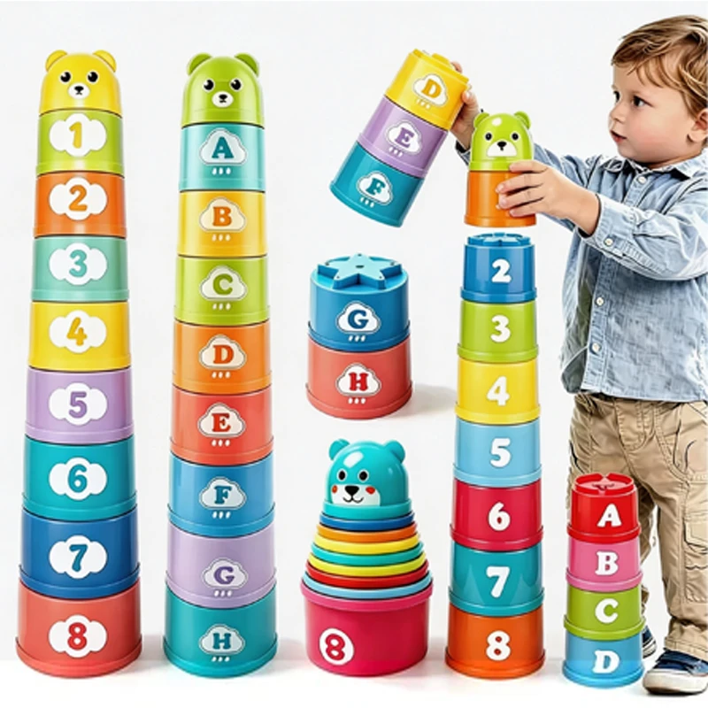 Kids Stacking Cups Rainbow Fold Cup Baby Early Education Puzzle Toy Color Sorting Training Hand Speed Competition Birthday Gifts