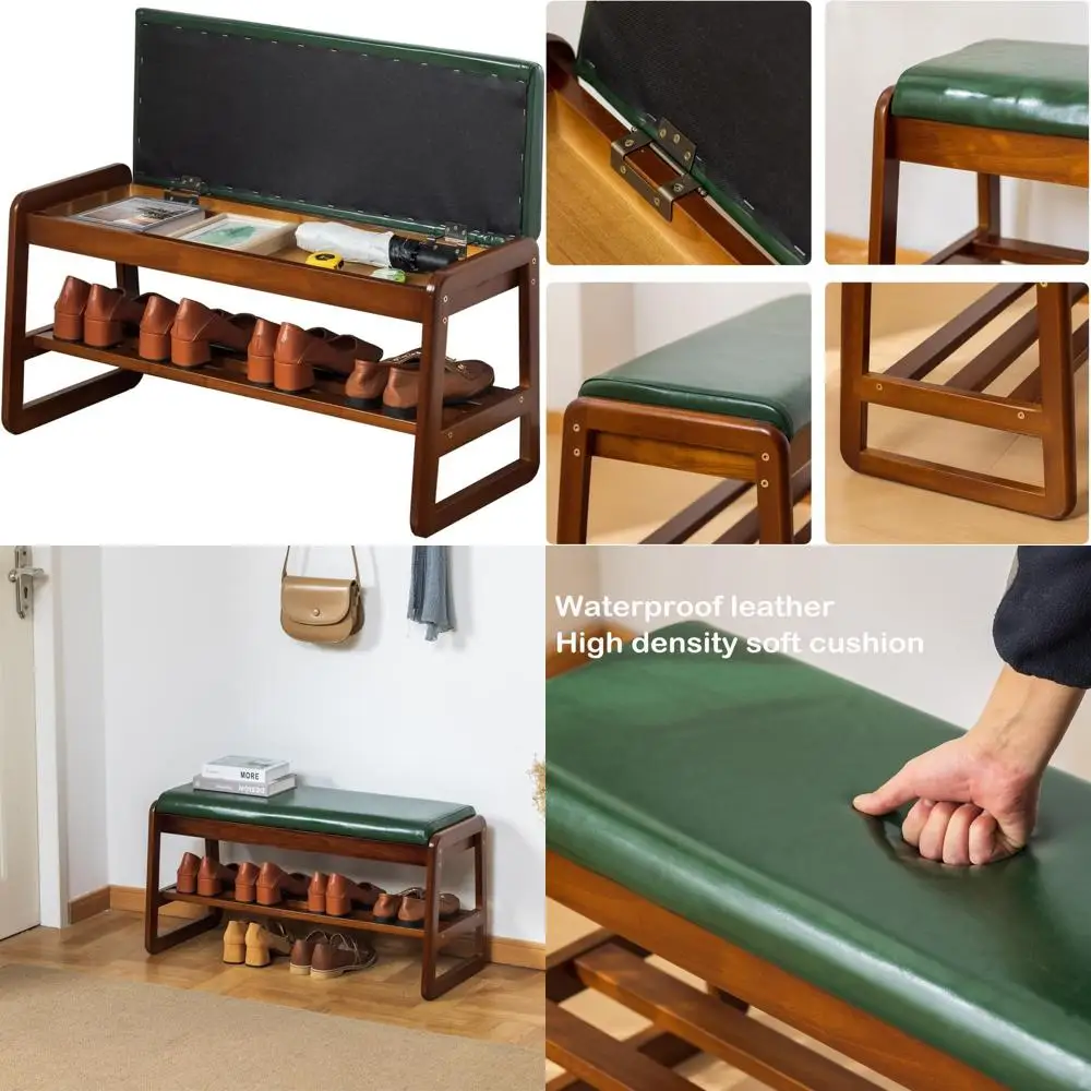 مقعد مدخل من الخشب الصلب مع مساحة تخزين قابلة للطي، أخضر، 31.5 للممر #1