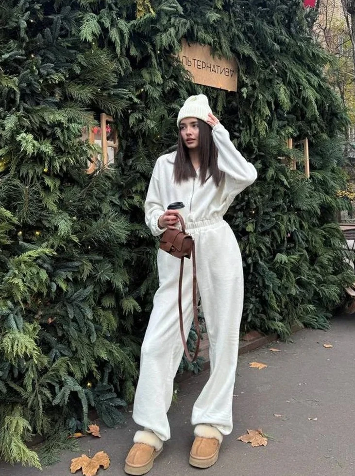 

Женский флисовый комбинезон с воротником на молнии и эластичной резинкой на талии, свободный крой с длинными рукавами, повседневный зимний цельный наряд, несколько цветов