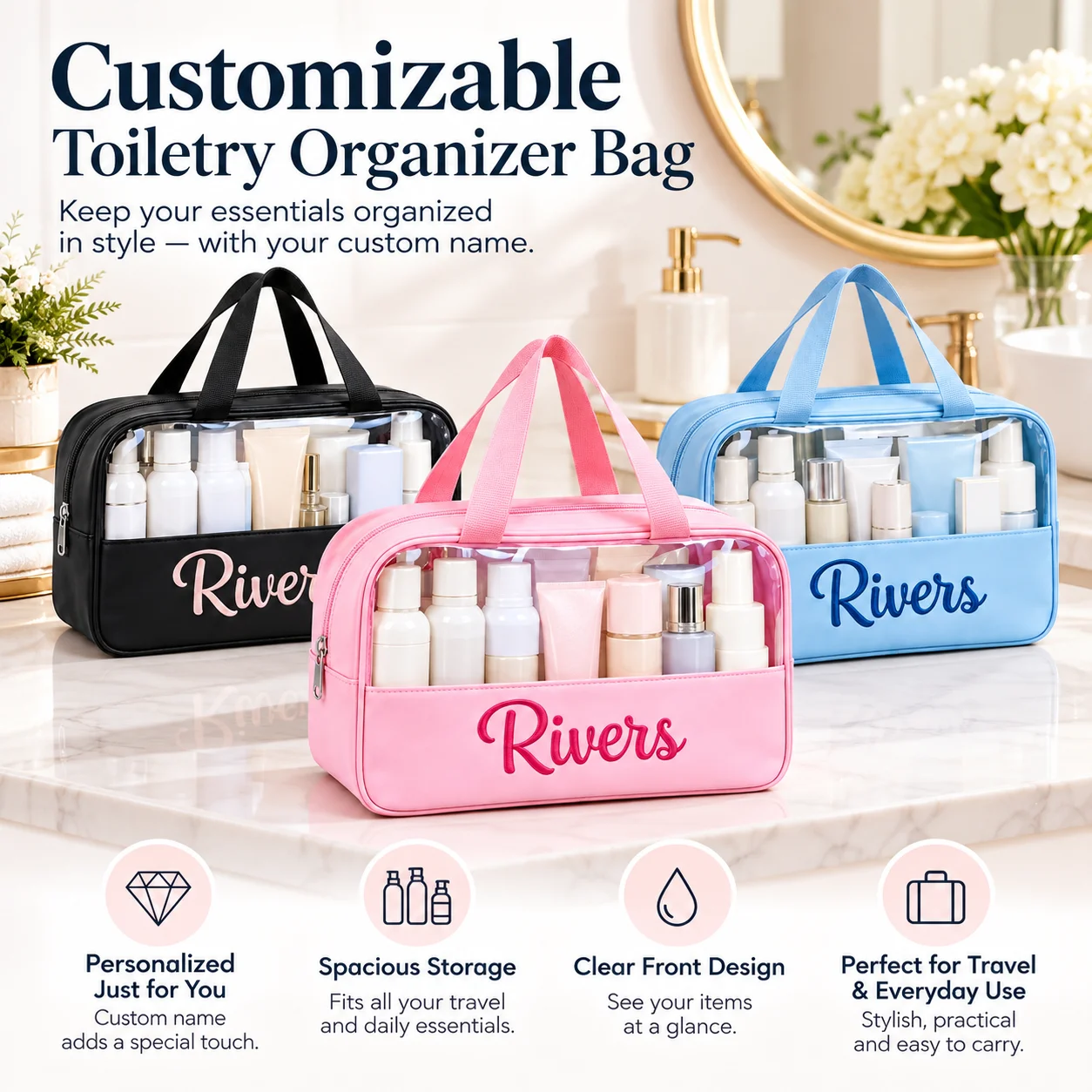 Custom Name Travel Toiletry Bag, Clear View Cosmetic Makeup Bag, Waterproof Handheld Organizer for Travel Gym Business Trip