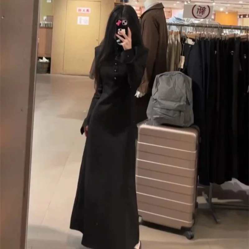 

Women's Black Slim Fit Maxi Dress - Long Sleeve Shirt Collar Button Detail Dress, Dark Academia Edgy Streetwear Spring Autumn