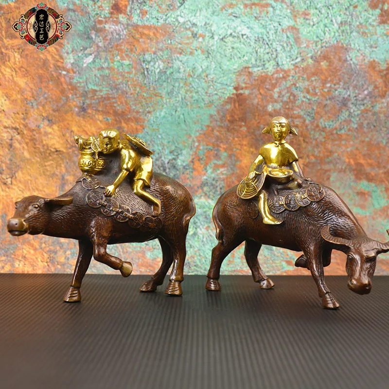 All-brass, gold-plated, child tending cattle figurine, home entrance decoration, copper cow gift ornament