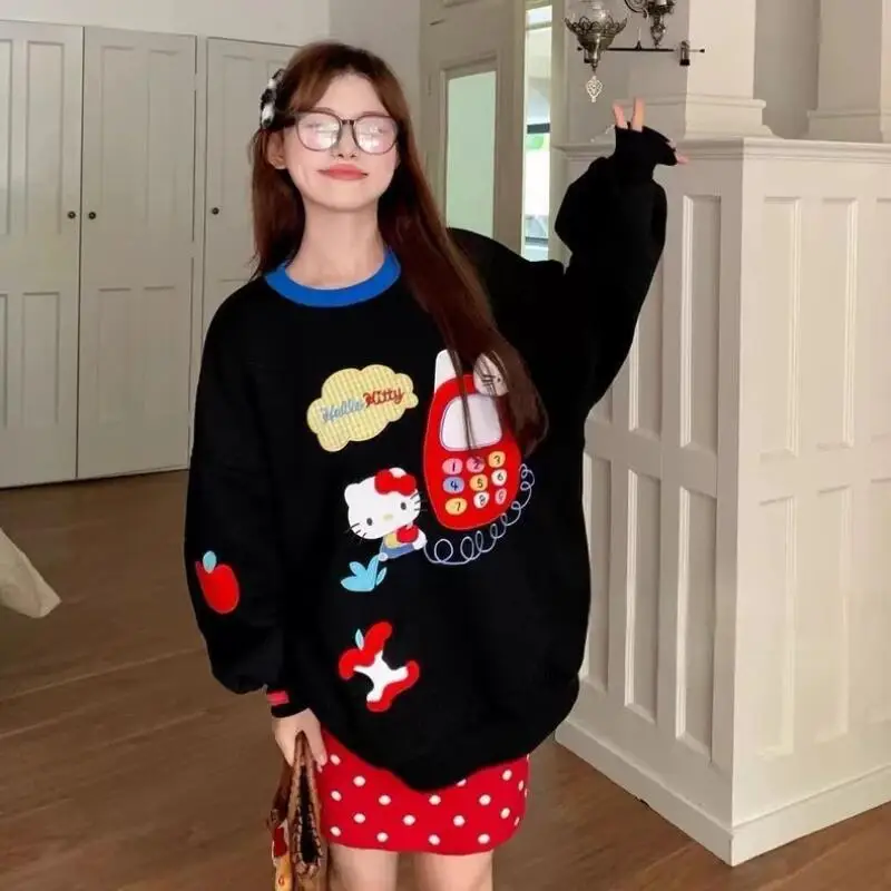 

Толстовка с длинными рукавами Y2K Hello Kitty для девочек, кавайная толстовка большого размера Sanrio, аниме-стиль, осенне-зимняя женская свободная повседневная кофта