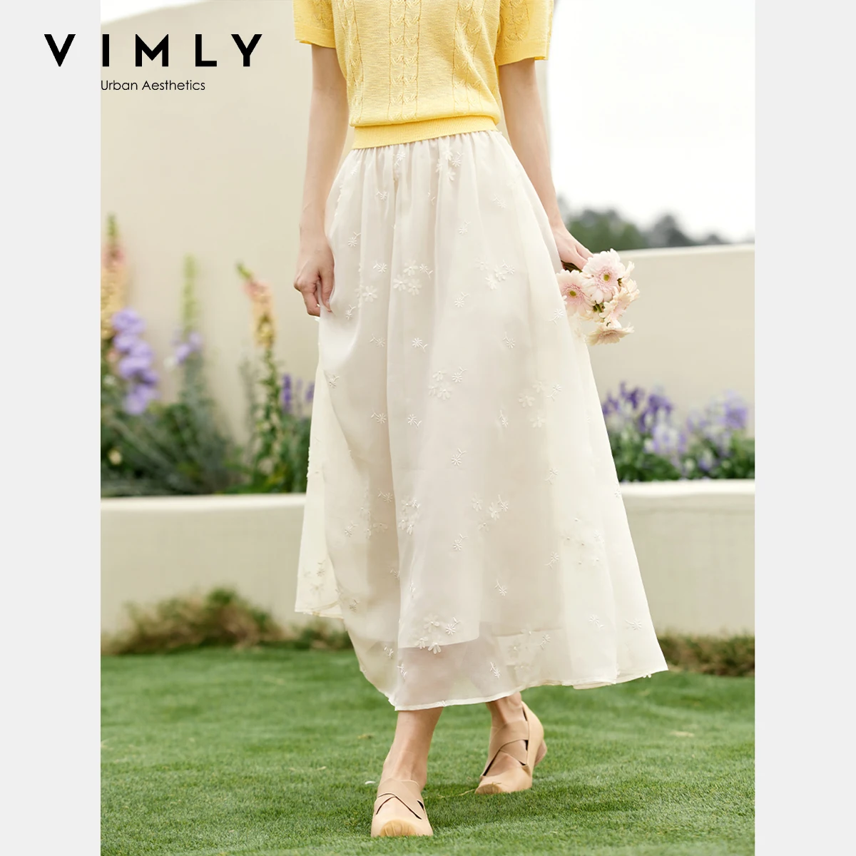 

VIMLY Summer Apricot Skirt Woman 2025 Elegant Fashion Ladies 3D Floral Embroidered Umbrella Flared Skirts Female Clothing A1151