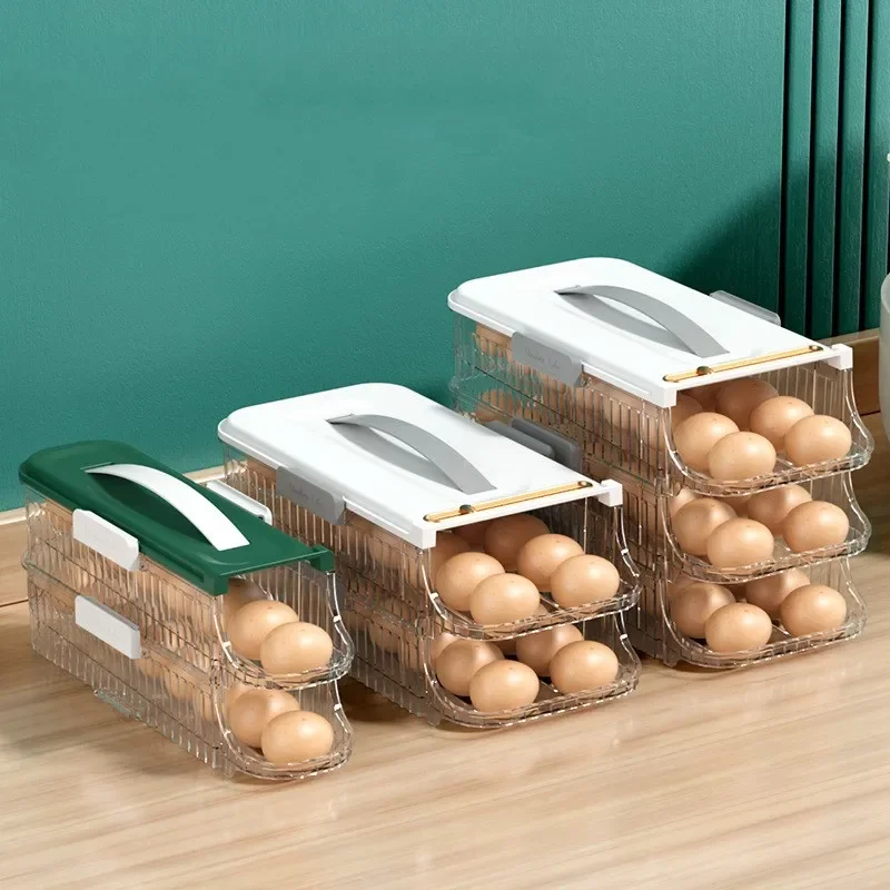 

Automatic Scrolling Egg Storage Box Portable Durable Egg Holder Stackable Refrigerator Eggs Organizer Space Saver Container