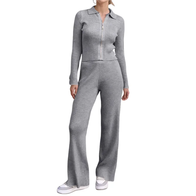 CYL-Women ツーピース ラウンジウェア 上下セット ワイドレッグ スウェットパンツ ハーフジップ 長袖 Vネック スウェットシャツ