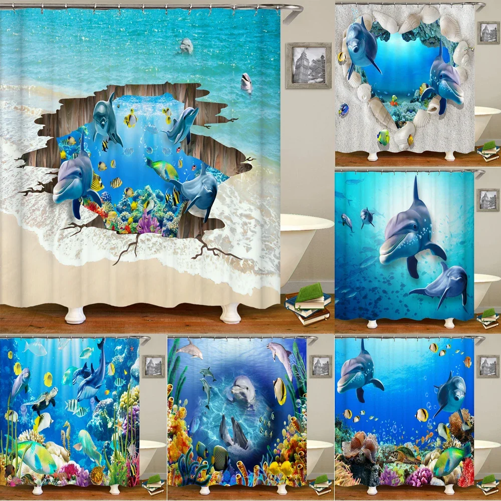 Shower Curtains Ocean Dolphin Sea World Animal Waterproof Fabric Bathroom Shower Curtain Cute Fishes large Size 240X180 Screen