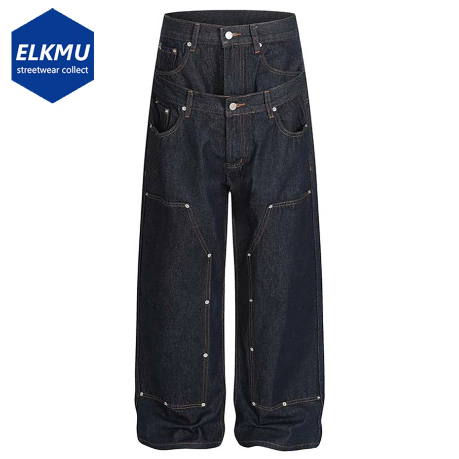 

Men Baggy Jeans Fake Two Piece Blue Loose Straight Denim Pants Streetwear Harajuku Hip Hop Jeans Trousers