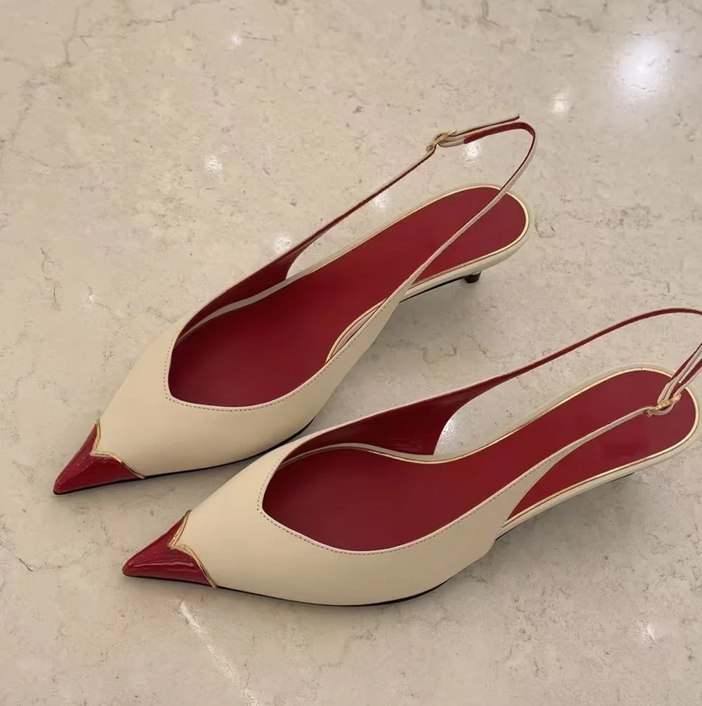 

Minimalist Style White Leather Pointed-Toe Kitten Heels Shoes Red Patent Tip Gold Trim Detail Elegant Retro for Office Wear