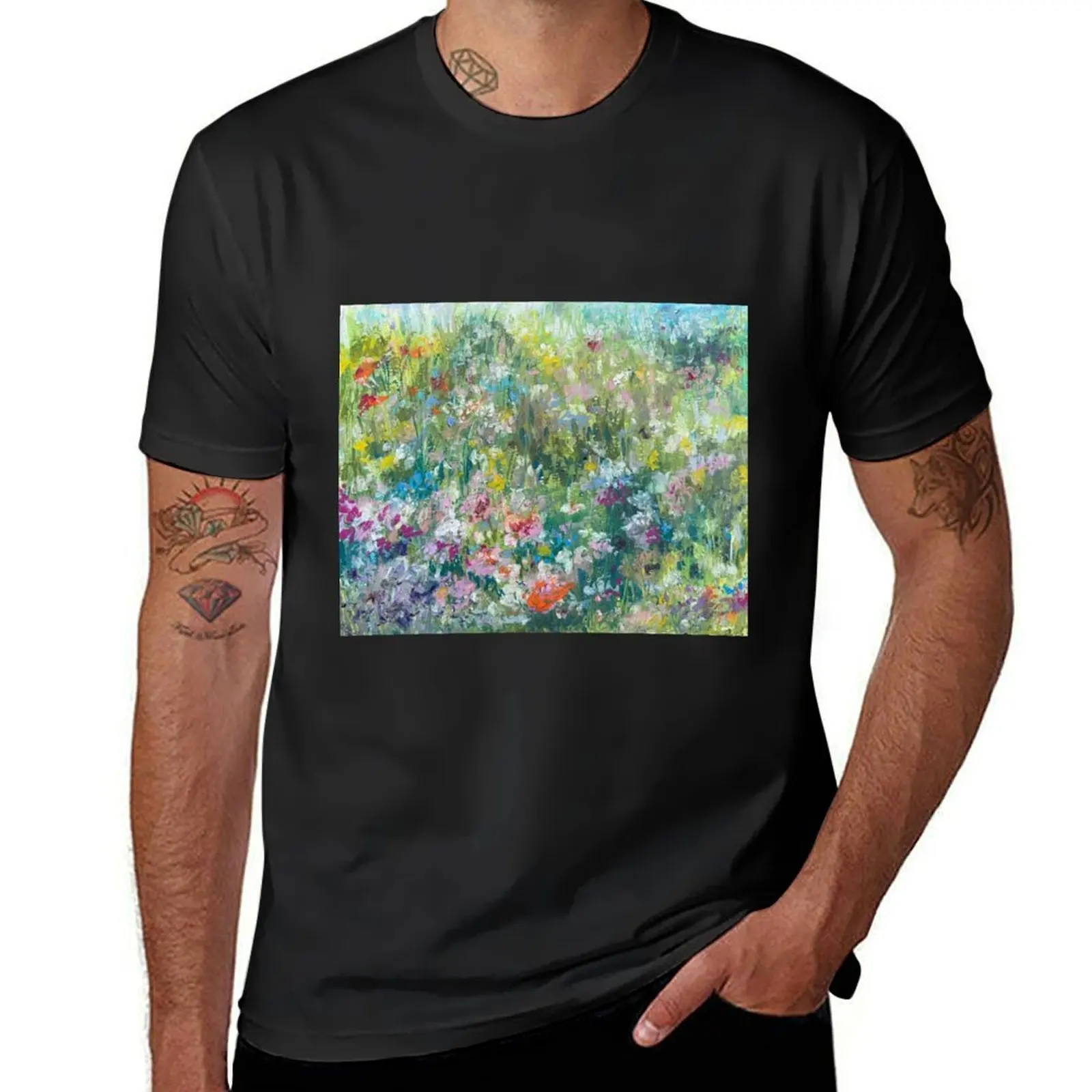 

Wild flower meadow in oil pastels T-Shirt tees funnys boys animal print plus size tops T-shirts for men cotton
