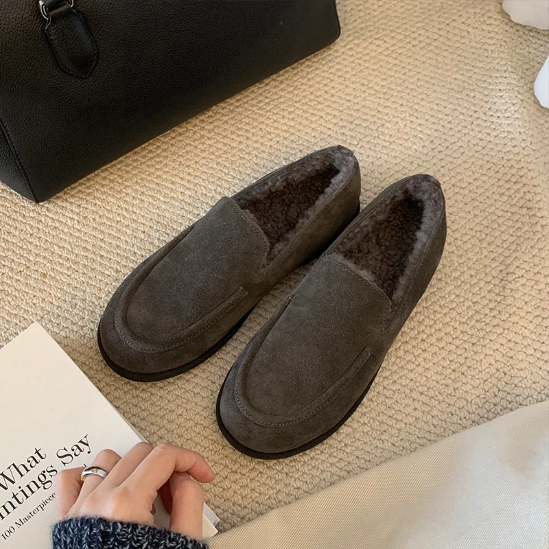 جلد الغزال المتسكعون امرأة جولة تو الانزلاق على عادية شقة امبسوول أحذية السيدات شتاء دافئ الفراء لينة في الهواء الطلق المشي الأحذية #4