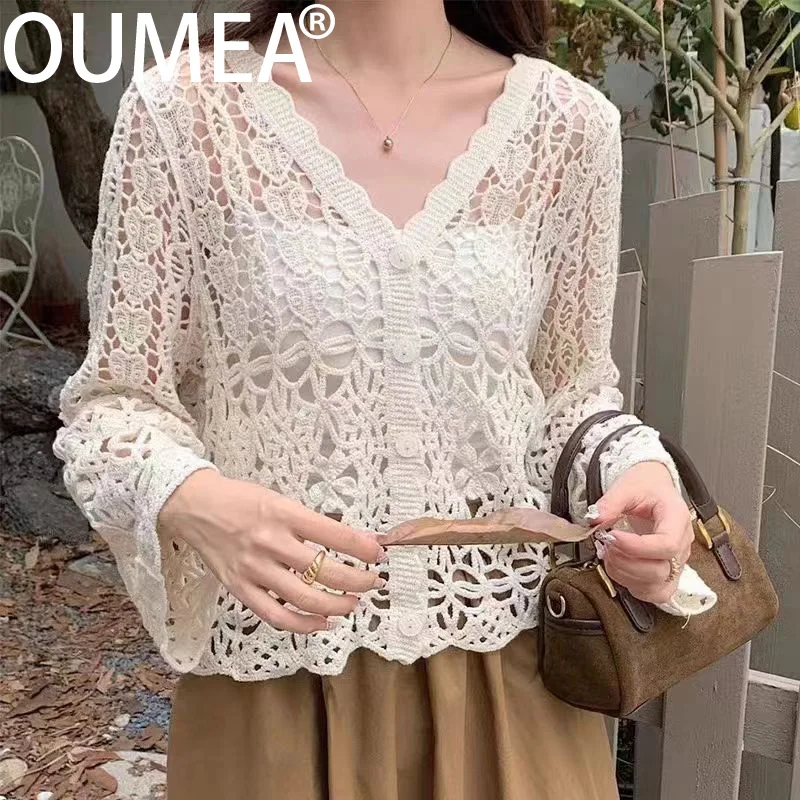 OUMEA Women Cotton Crochet Cardigans Summer Beach Cover Ups Buttons Front BOHO Solid Color Long Sleeve Tops V Neck Casual Tops