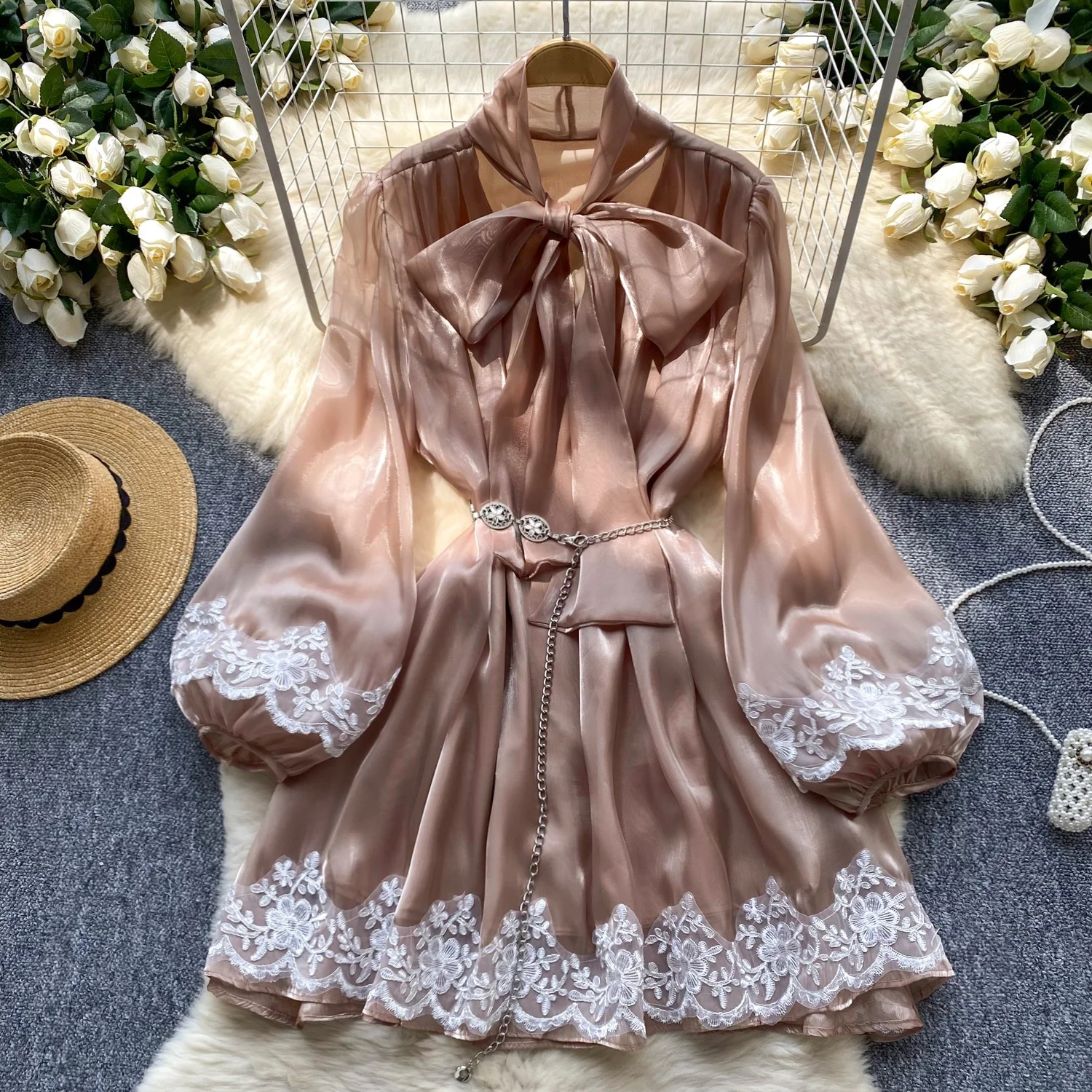 

Clothland Women Stylish Floral Mini Dress Lace Patchwork Lantern Sleeve Chain Belt Chiffon Dresses Vestido Mujer QD787