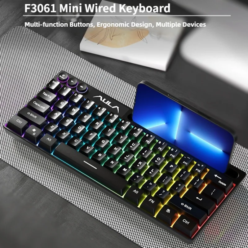 

F3061 61Keys Wired RGB Gaming Keyboard RGB LED Light Multi-function Button Mechanical Switch 70% Compact Layout for PC/Mac
