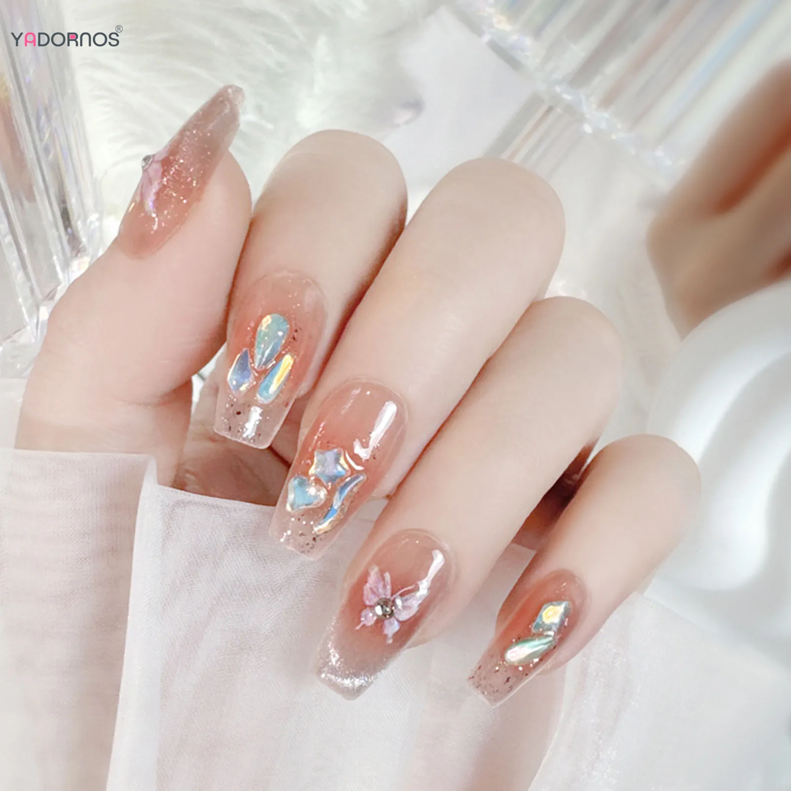 Uñas postizas rubor Rosa hechas a mano, diseño de lentejuelas Gliiter, Ojos de gato, mariposa impresa, puntas de uñas postizas portátiles