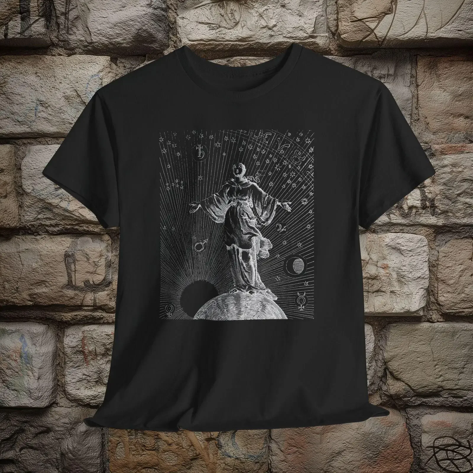 Woman standing on a globe surrounded by the sun moon stars and planets Jan Luyken 1687 Men amp 39 s Cotton Crew T Shirt