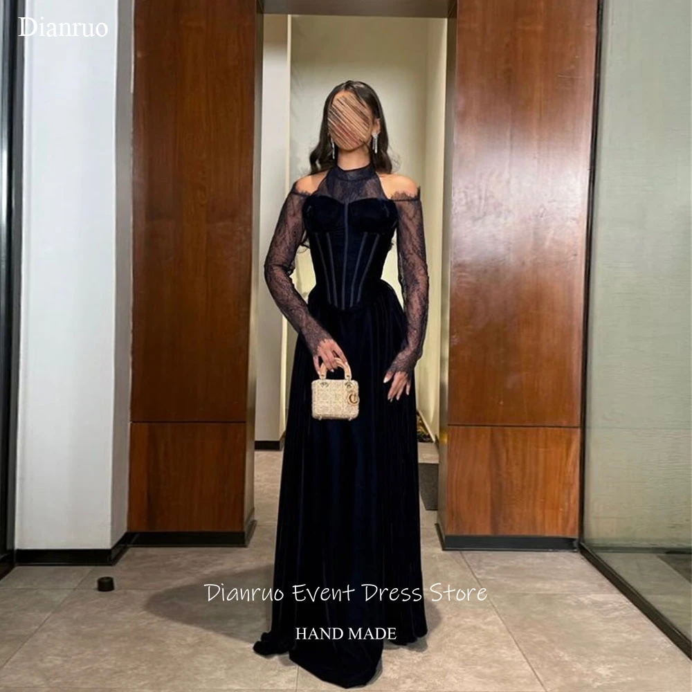 

Dianruo Vintage Velvet Evening Dresses High Neck A Line Vestidos De Fiesta Navy Blue Appliques Abiti Da Cerimonia Customized